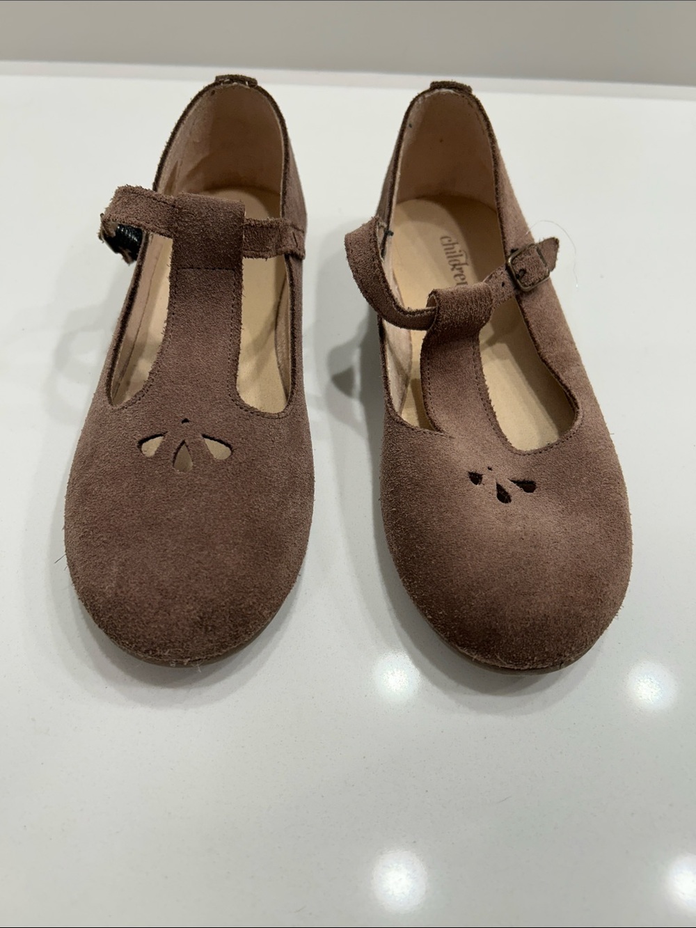 Girls Brown Suede T-Strap Dress Shoes with Cutout Detail